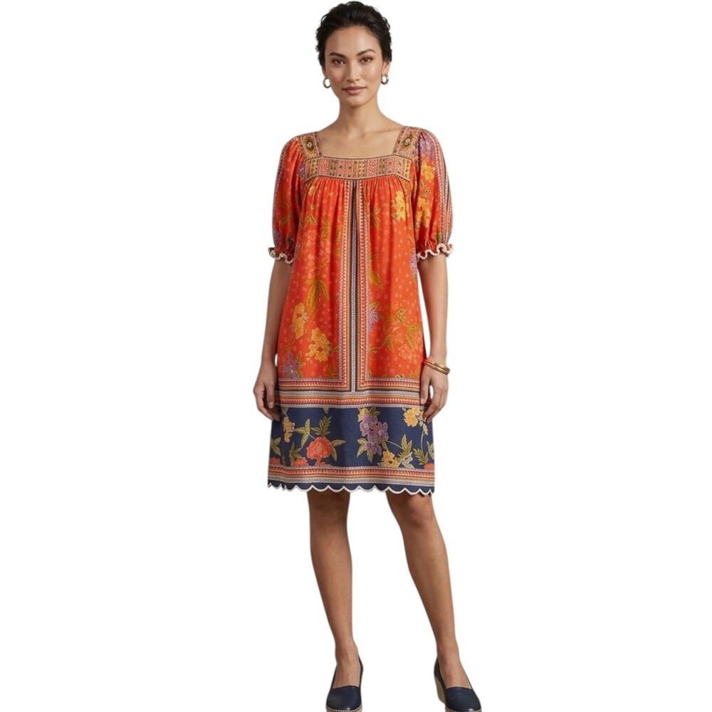 Karyn Seo Boho Floral Embroidered Short Sleeve Dress Orange Navy Tropical XL